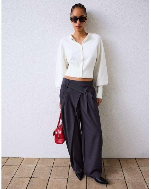 Bershka Gray Tailored Fit Trousers With Crossover Waist