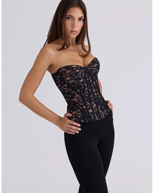 House Of Cb Blue Solaine Floral Lace Boned Corset Top