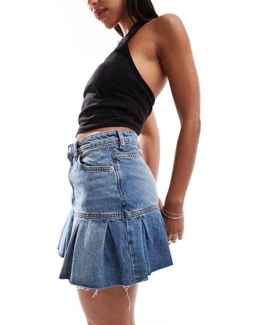 Monki Blue Pleated Denim Mini Skirt