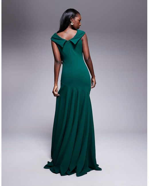 Goddiva Green Scuba Crepe Off Shoulder Front Split Maxi Dress