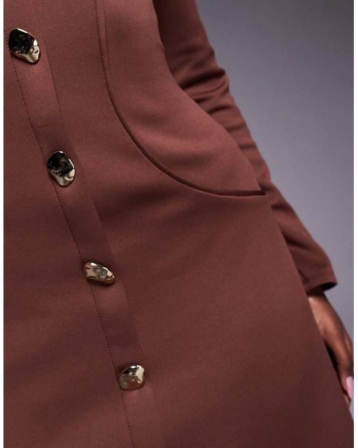 ASOS Brown Tailored Long Sleeve Mini Dress With Gold Detail Buttons