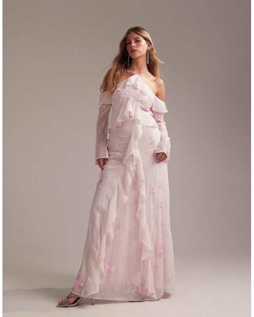 ASOS Women's Pink Bridesmaids Ruffle Cold Shoulder Maxi Dress