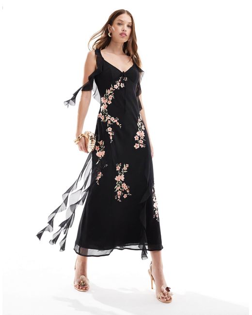 ASOS Black – besticktes, wadenlanges kleid