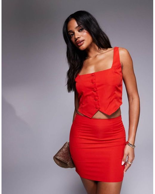 Missy Empire Red Square Neck Tailo Button Through Waistcoat Top Co-ord