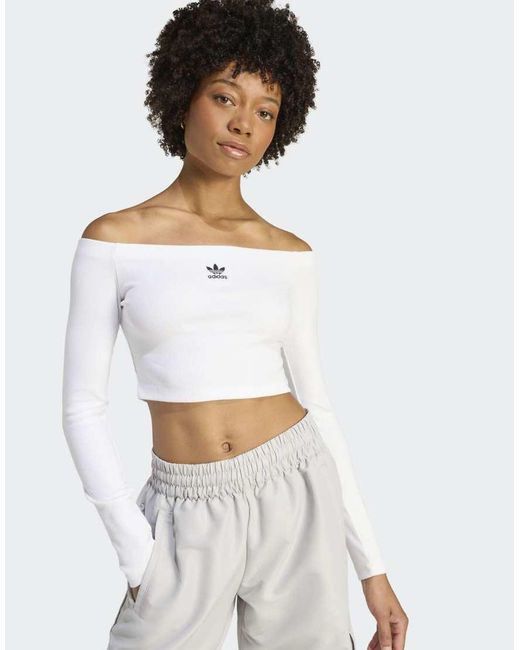 Adidas Originals White Essentials Rib Off Shoulder Longsleeve T-Shirt