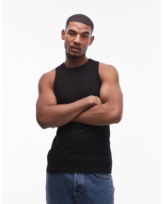 Topman Black Fitted Ribbed Tank Top With High Neck for men