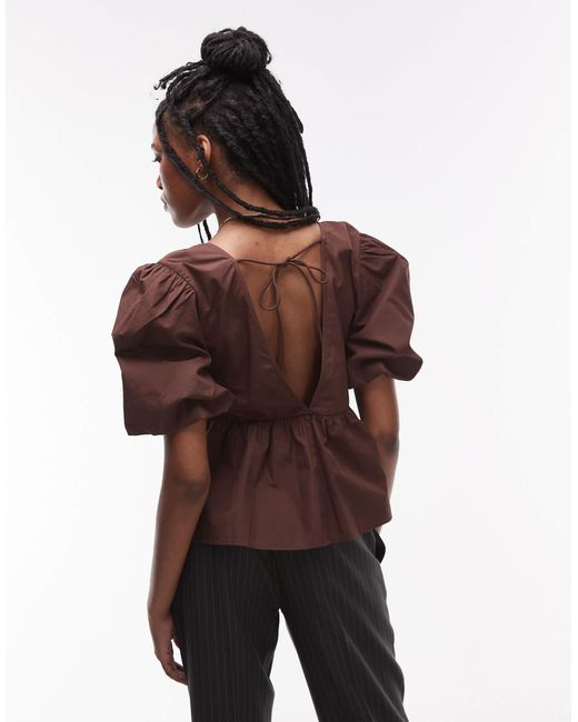 TOPSHOP Brown Poplin Puff Sleeve Top