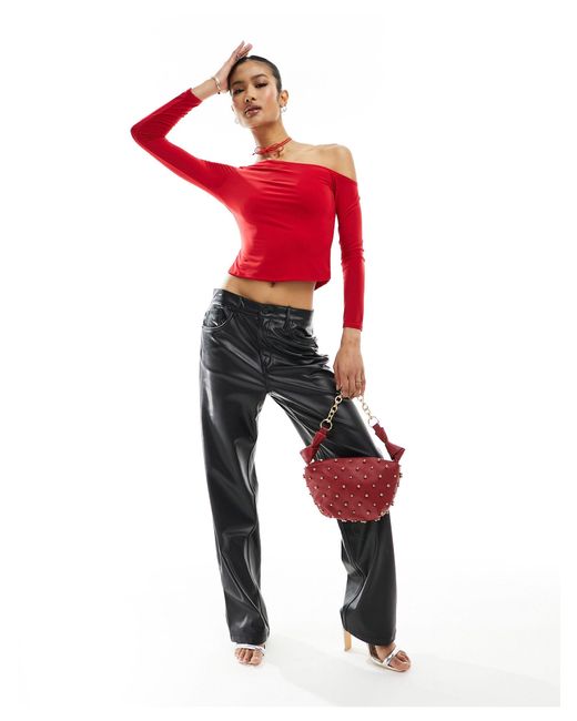 Fashionkilla Red Slinky Off Shoulder Top With Neck Tie
