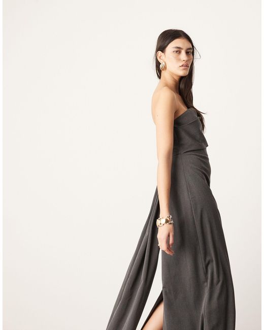 ASOS Gray Tailored Asymmetric Neck Bandeau Maxi Dress With Train