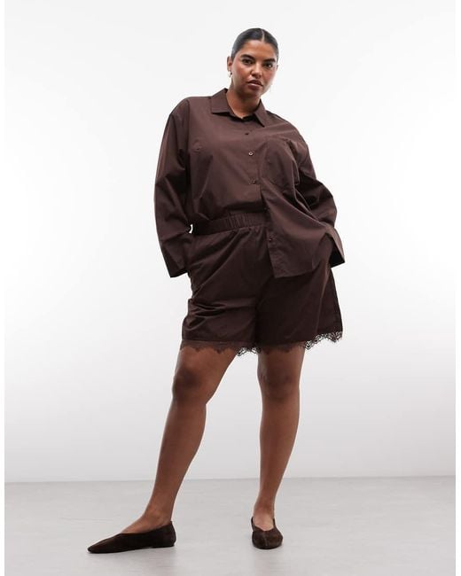 Noisy May Brown Oversized Shirt Co-Ord With Lace Pocket Detail
