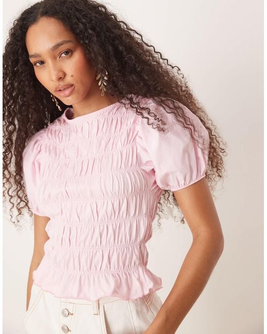 ASOS Pink Cotton Shirred Top With Frill Peplum And Puff Sleeve