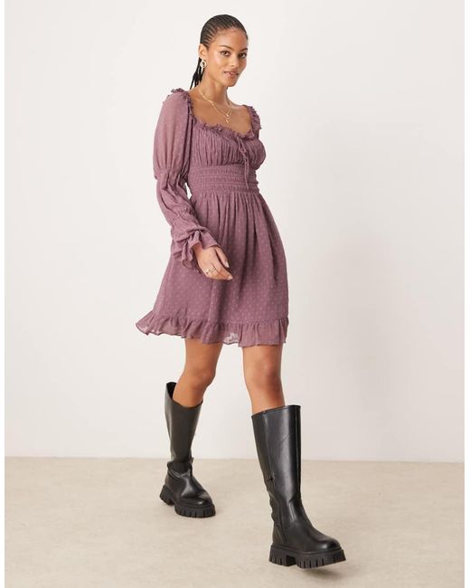 ASOS Purple Asos Design Tall Dobby Milkmaid Long Sleeve Shirred Waist Mini Dress