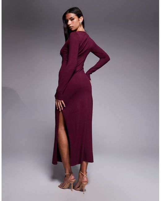 Kaiia Purple Exclusive Knit Slash Neck Long Sleeve Maxi Dress