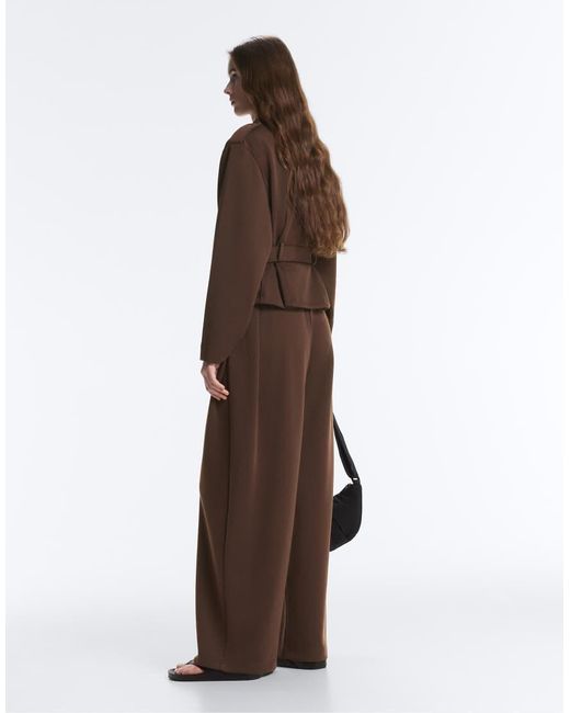 Oysho Brown Wide-leg High Rise Pique Trousers With Buckles