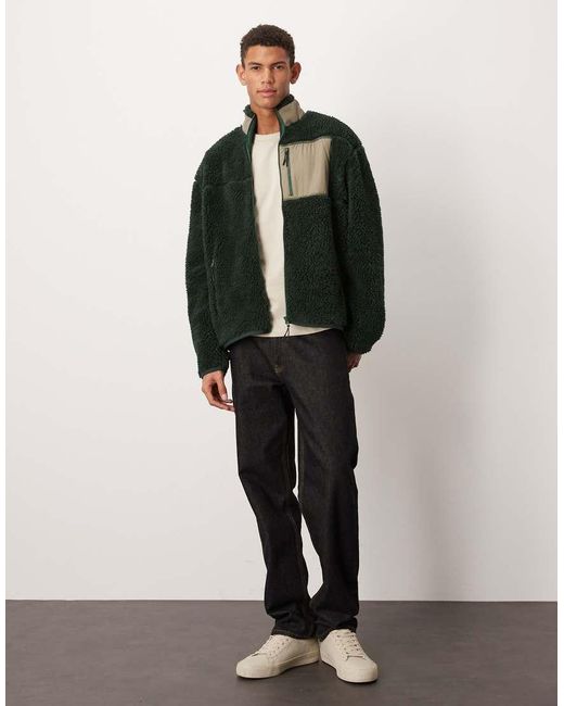 ASOS Green Relaxed Teddy Zip Up Jacket With Pocket for men
