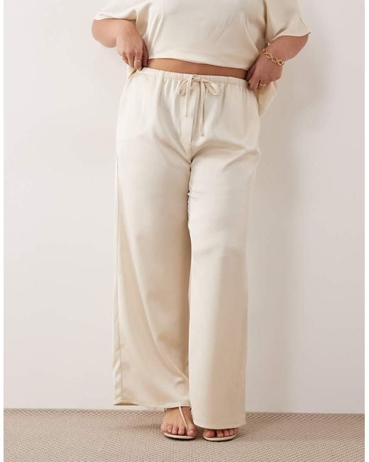 Pretty Lavish Curve Natural Satin Wide Leg Tie Waist Pants