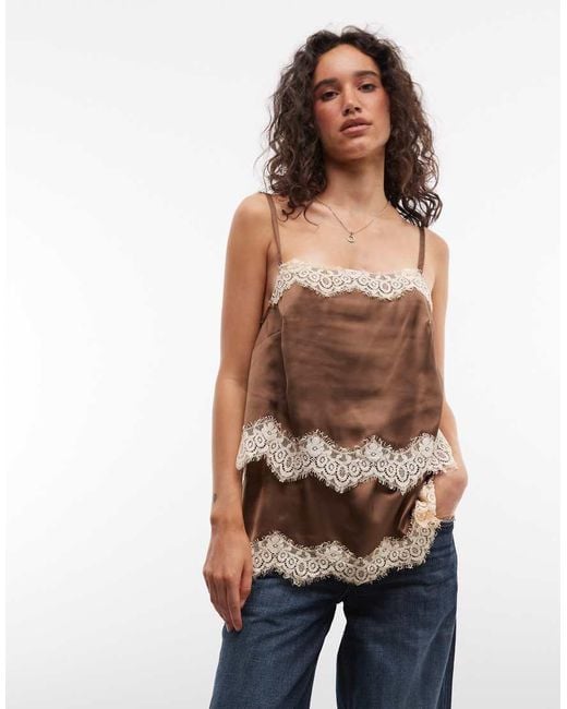 Reclaimed Vintage Brown Double Layered Satin And Lace Cami Top