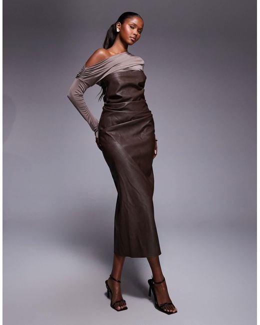ASOS Women's Brown Fallen Shoulder Pu Bandeau Midi Dress -  www.ice4pros.com.br