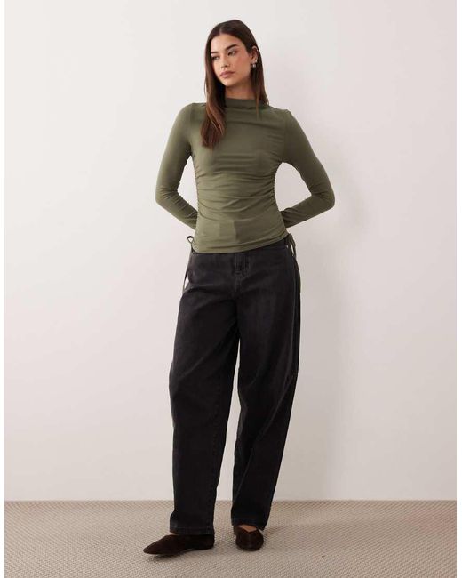 ASOS Green Ruched Tie Side Detailing High Neck Long Sleeve Top
