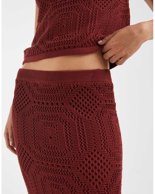Aware Red Mid Rise Patterened Crochet Midi Skirt Co-ord