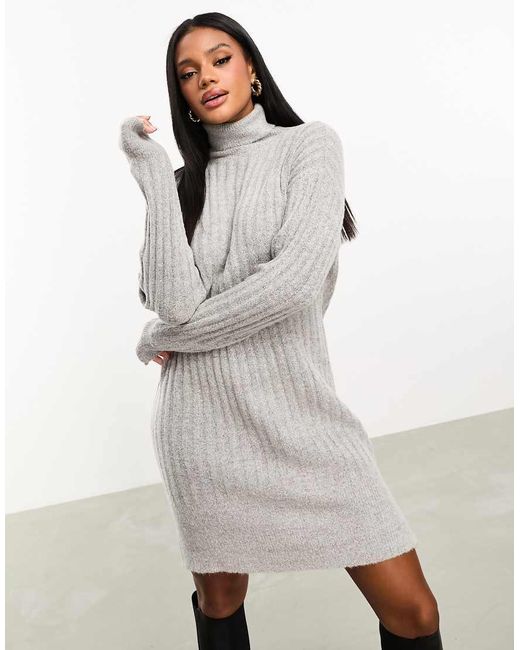 Threadbare Gray Naveah Roll Neck Ribbed Mini Jumper Dress