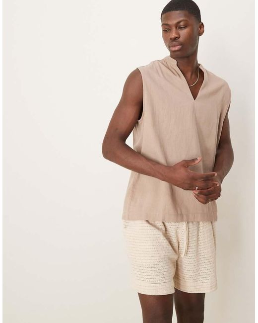 ASOS Natural Overhead Shirt With Grandad Collar for men