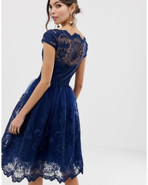 Chi Chi London Premium Lace Midi Dress With Cap Sleeve in Navy (Blue) - Lyst