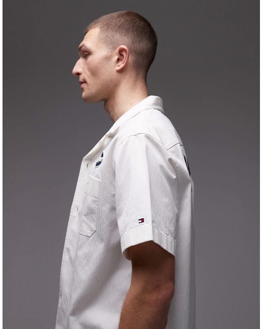 Tommy Hilfiger Gray Camp Patch Racing Logo Short Sleeve Shirt for men