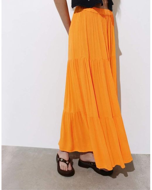 Pull&Bear Orange Paneled Midi Skirt