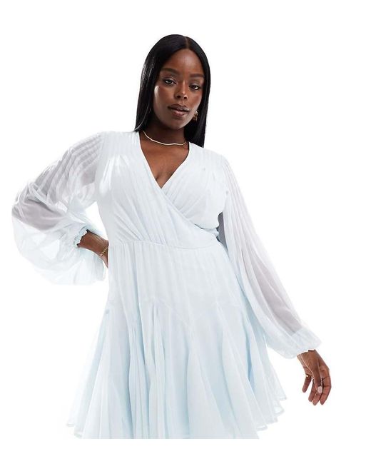 ASOS Asos Design Curve Wrap Balloon Sleeve Mini Dress With Tie Waist Detail in White Lyst UK