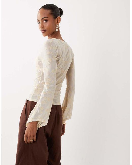 ASOS White Flocked Mesh Floral Fluted Sleeve Top