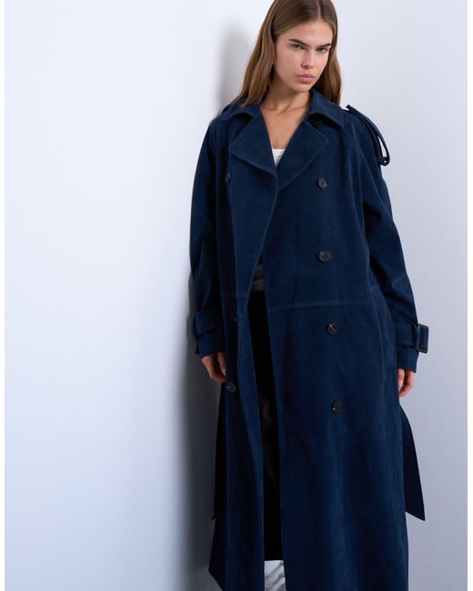 TOPSHOP Blue – longline-trenchcoat aus wildlederimitat