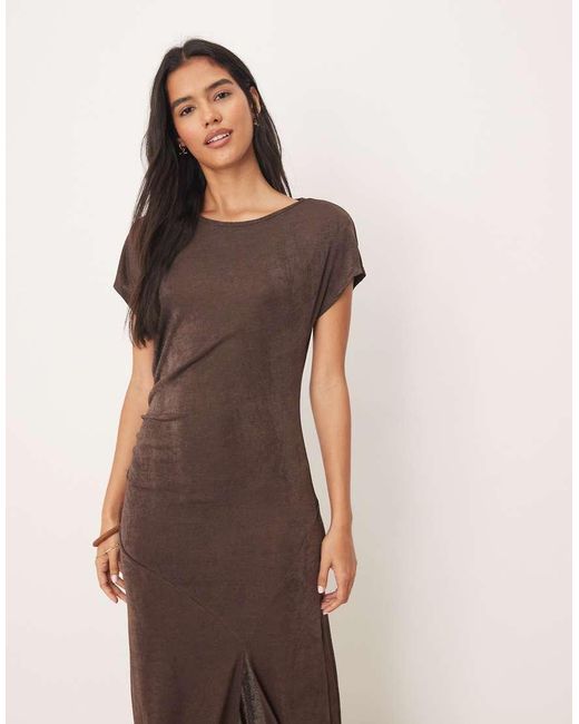 ASOS Natural Slinky Cap Sleeve Maxi Dress With Seam Detail