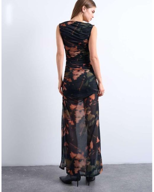 TOPSHOP White Mesh Floral Print Ruched Maxi Dress