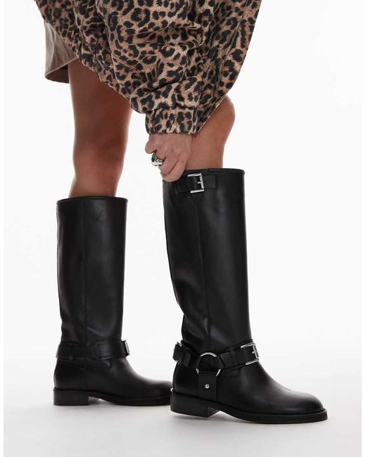 Botas Biker Por La Rodilla Negras De Cuero Premium Tee De TOPSHOP de color Black
