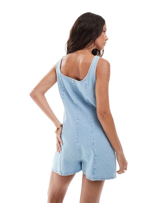 ASOS Blue Denim Scoop Neck Playsuit With Pocket Detail