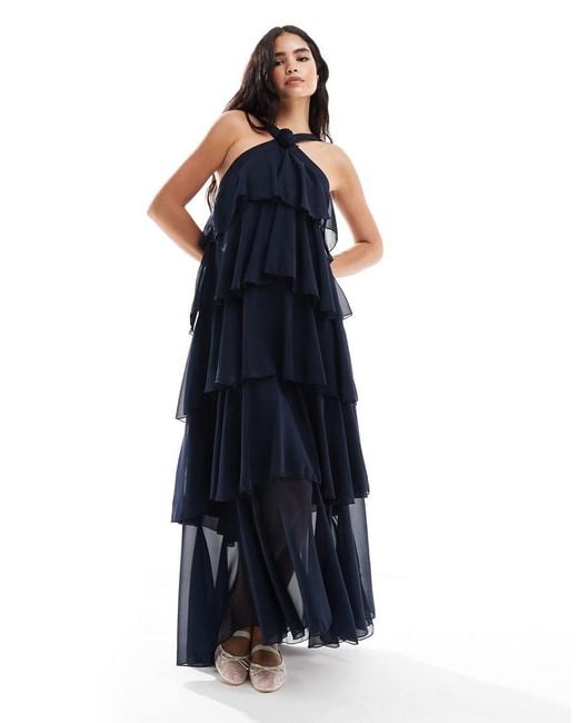 Vero Moda Blue Felicia Halter Neck Tiered Maxi Dress With Corsage Detail