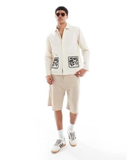 Native Youth White Embroidered Collar Overshirt for men