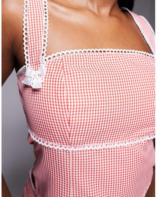 Kaiia Pink Exclusive Bow Lace Trim Detail Square Neck Crop Top Co-ord