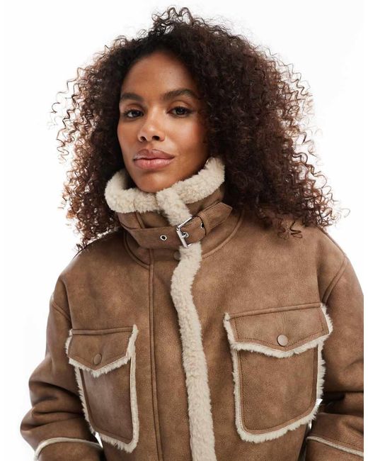 Bershka Brown Shearling Trim Faux Suede Jacket