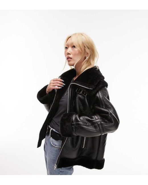 Topshop Unique Black Faux Leather Shearling Zip Front Oversized Aviator Jacket With Double Collar Detail
