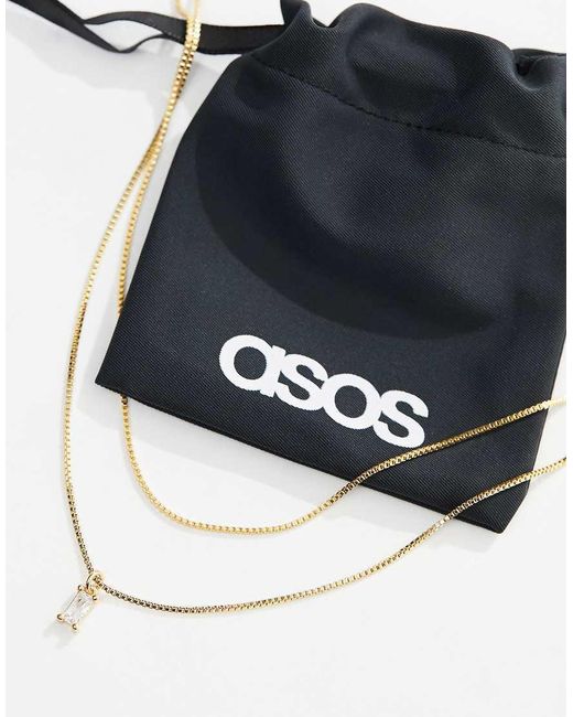 ASOS Natural 14k Plated Multi-row Necklace With Cubic Zirconia Charm With Gift Bag