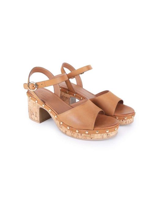 OFF THE HOOK Brown Cleo Leather Studded Cork Platform Block Heel Sandals
