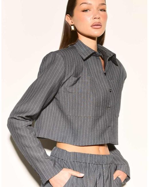 Noughts & Kisses Gray Velora Pinstripe Cropped Shirt