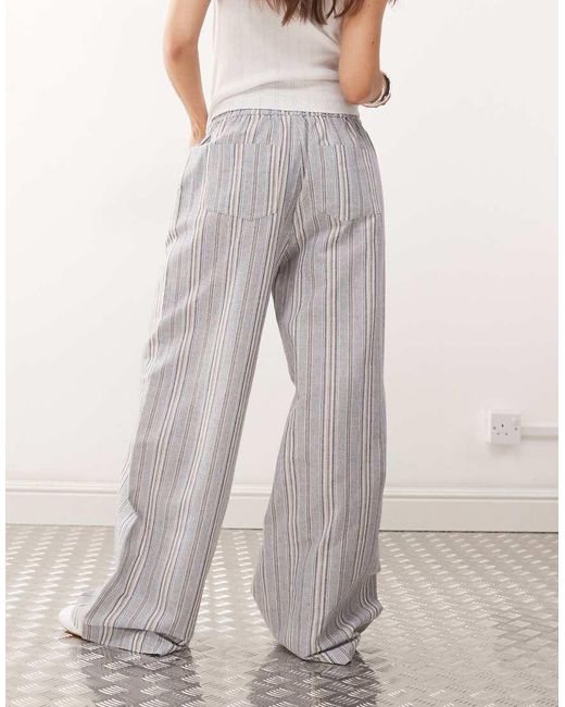 Pantaloni Comodi Blu A Righe Effetto Lino di Collusion in White