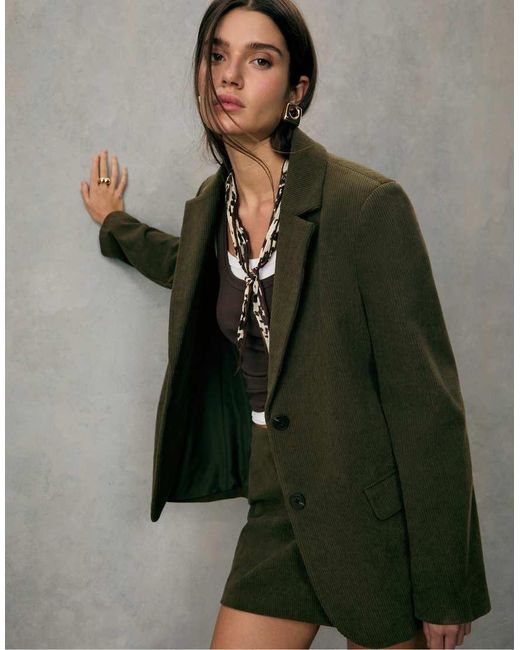 Stradivarius Green Straight Fit Corduroy Blazer