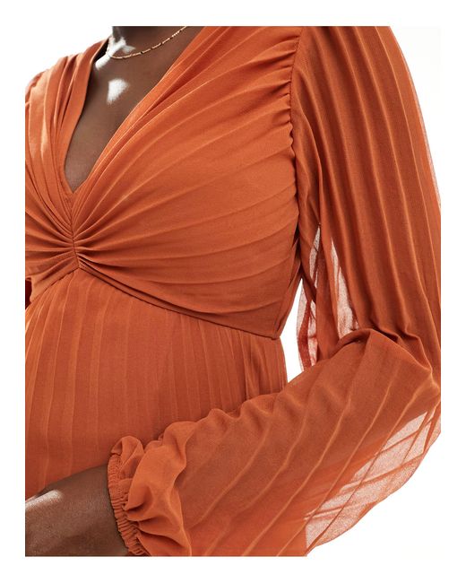 ASOS Orange Pleated Bodice Plunge Neck Midi Dress