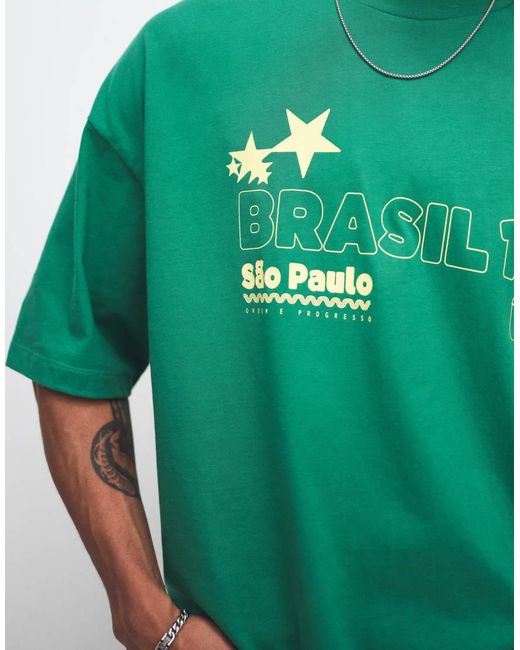 ASOS Green Boxy Oversized T-shirt With Brazil Soccer Print for men