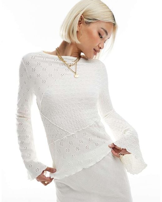 Miss Selfridge White Jersey Mixed Texture Flare Long Sleeve Top