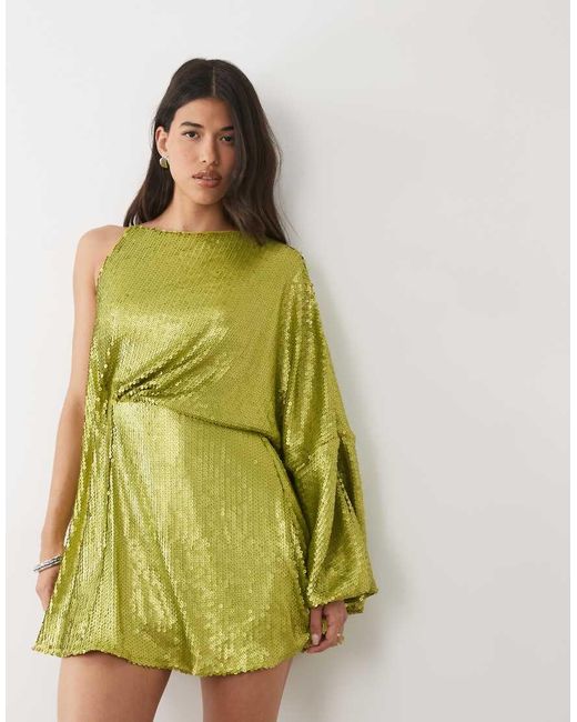 ASOS Green Sequined One Sleeve Draped Mini Dress